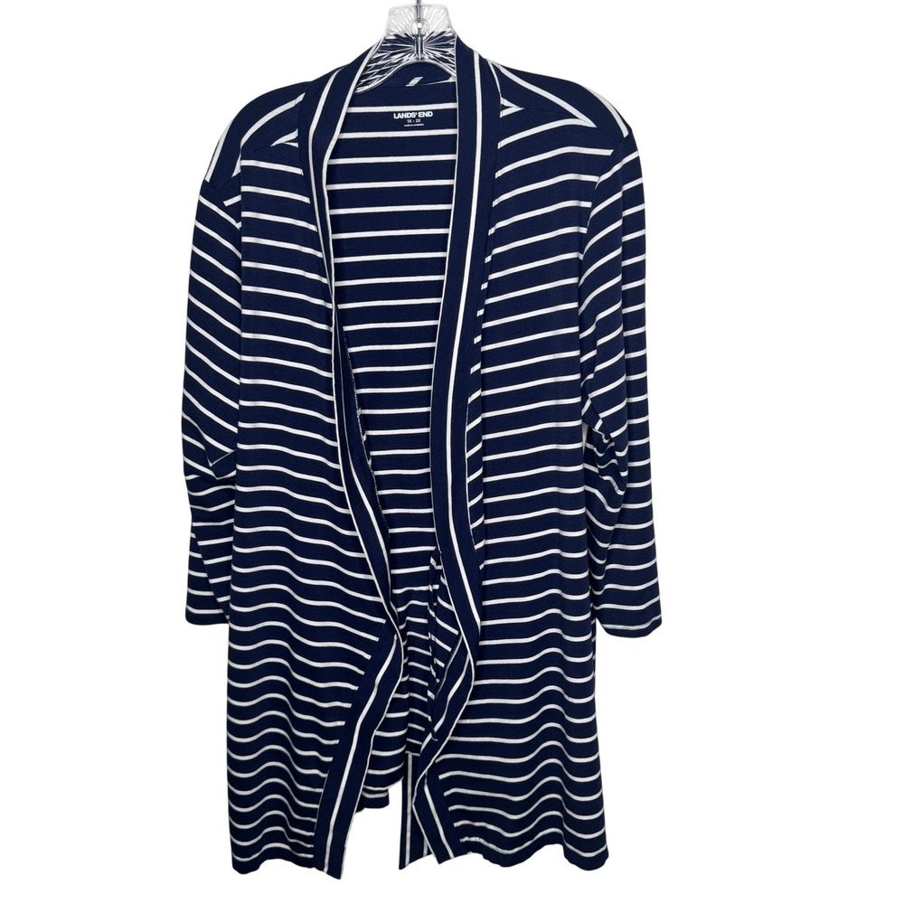 Lands‎ End Navy White Stripe Open Front Long Cardigan Sweater Womens 1X 2X
